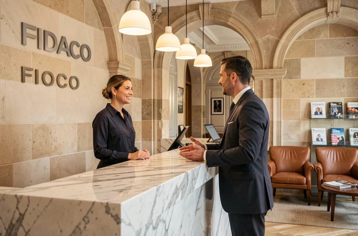 Accueil professionnel du cabinet Fidaco avec une conseillère recevant un client dans un cadre élégant