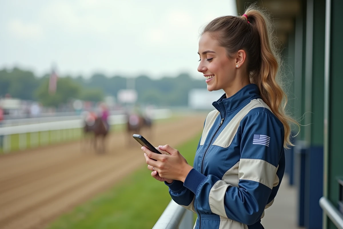 Jeune femme en combinaison de course tient un smartphone sur la piste