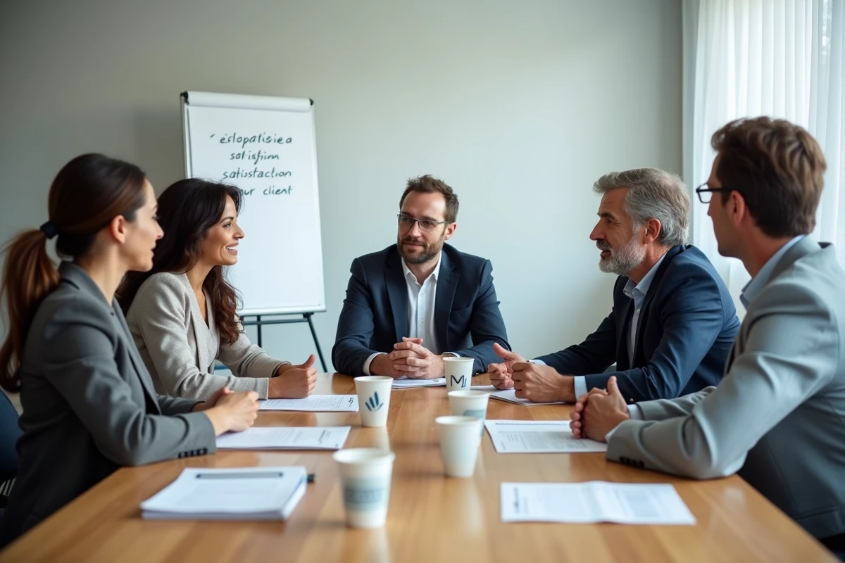 Groupe de participants à une session de focus group discutant de leurs retours d'expérience client autour d'une table de réunion