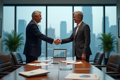 Deux dirigeants d'entreprise se serrent la main lors d'une fusion d'entreprises dans une salle de conférence moderne