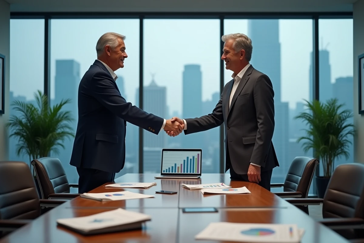 Deux dirigeants d'entreprise se serrent la main lors d'une fusion d'entreprises dans une salle de conférence moderne