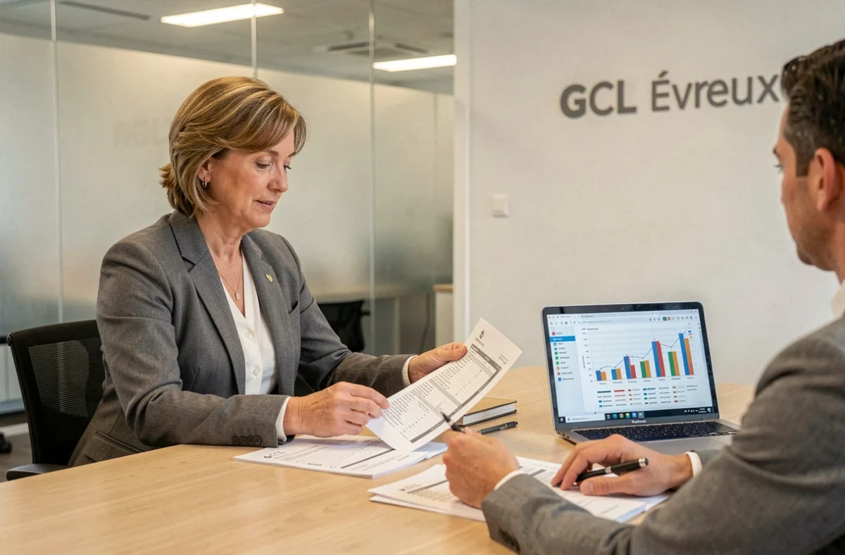 Réunion entre une experte-comptable de GCL Évreux et un client autour de documents financiers dans un bureau moderne