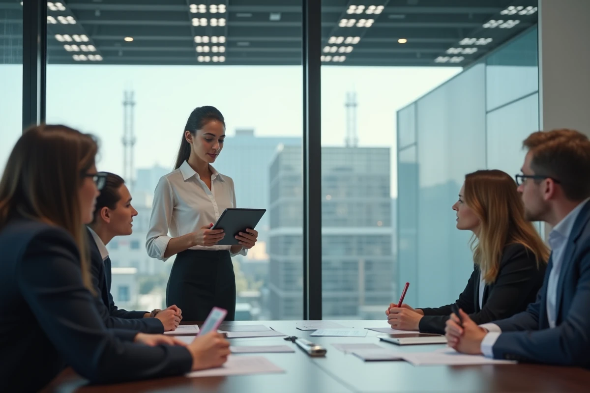 Jeune femme en réunion discutant avec équipe et tablette