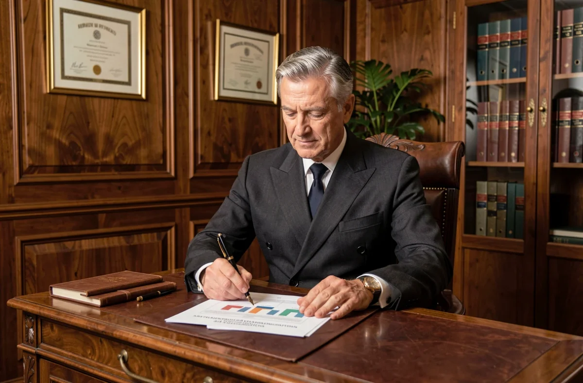 Conseiller patrimonial de Gexco dans l'Eure étudiant une stratégie de gestion de patrimoine dans un bureau élégant