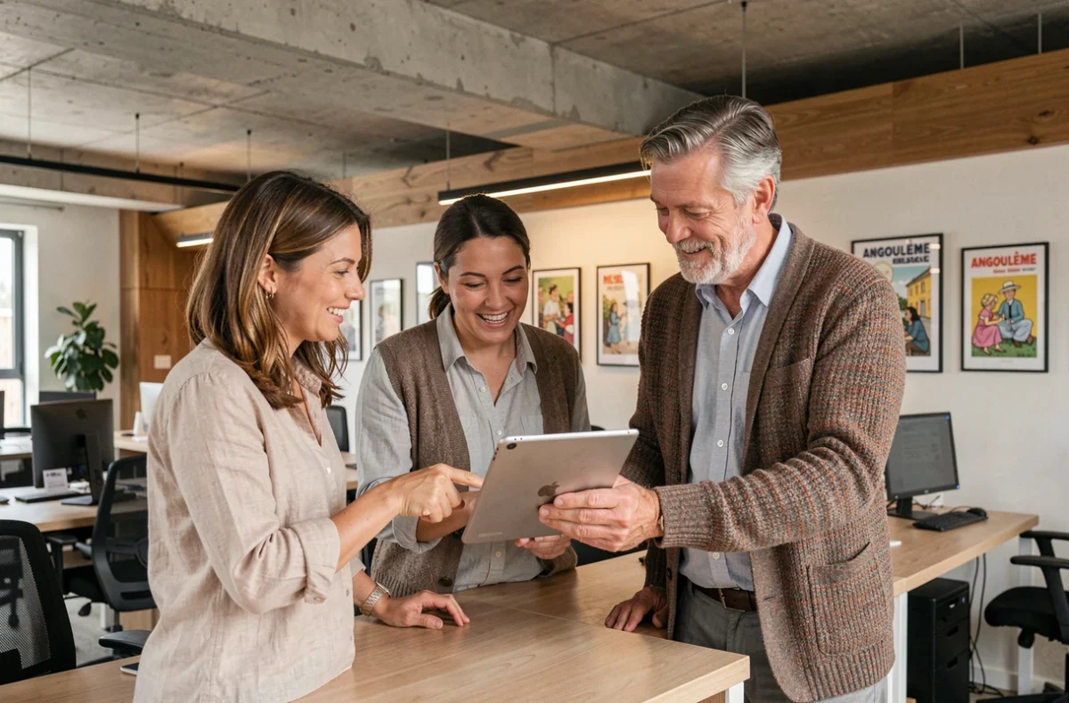 Groupe de consultants en portage salarial collaborant dans un espace de travail moderne à Angoulême