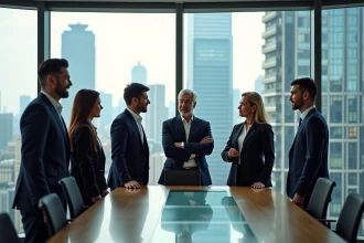 Groupe d'entrepreneurs autour d'une table avec vue urbaine