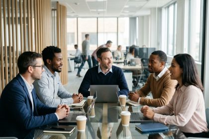 Groupe de professionnels en r&eacute;union dans un bureau moderne