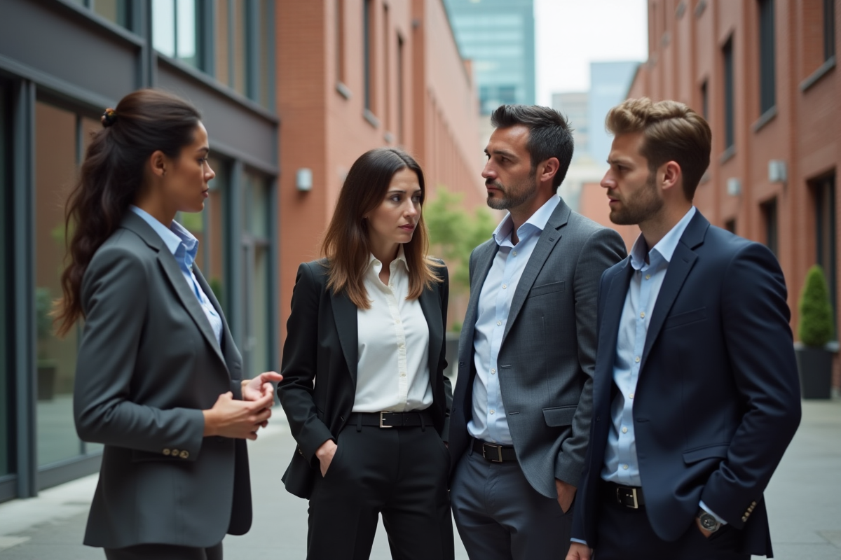 Groupe de professionnels en discussion dans une cour urbaine