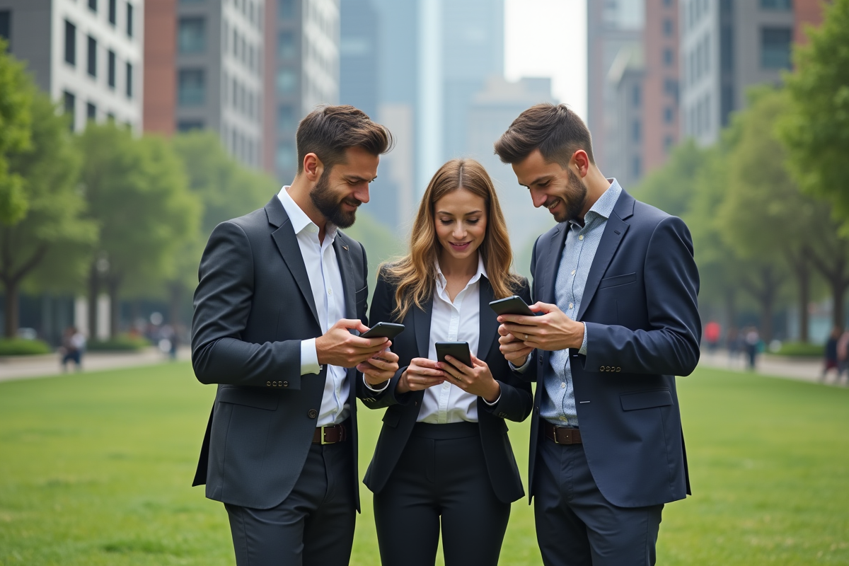 Groupe de professionnels discutant en extérieur dans un parc urbain