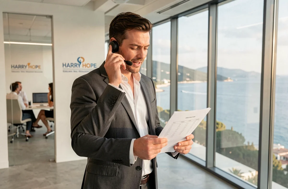 Consultant Harry Hope Nice en pleine activité de recrutement cadres avec vue sur la Côte d'Azur