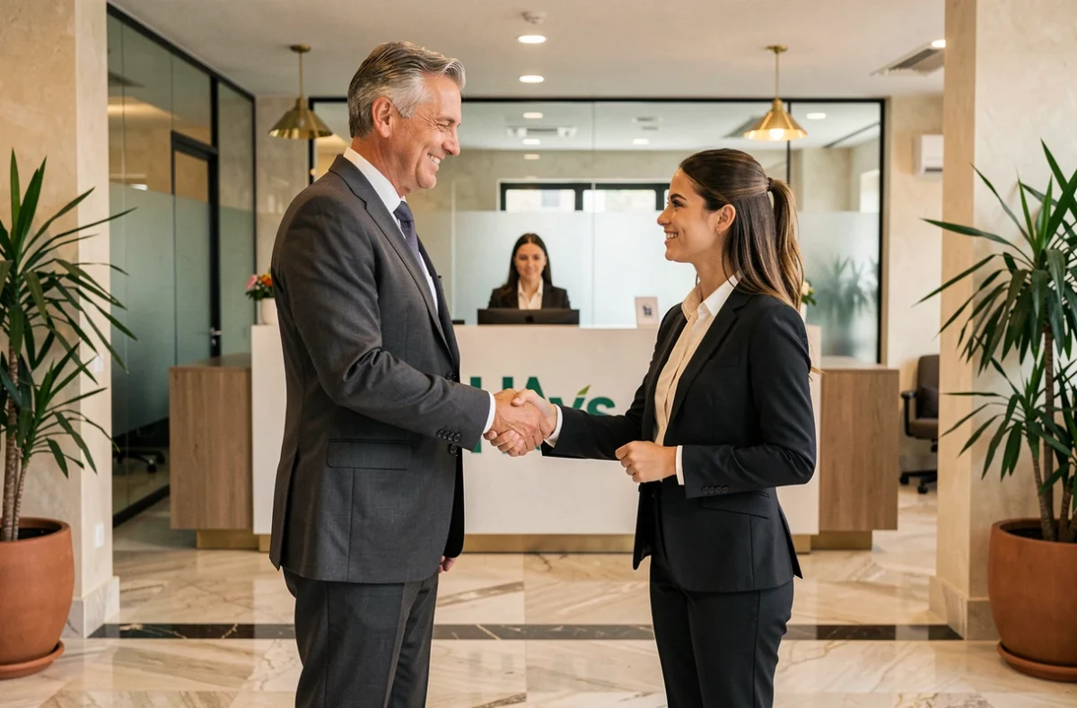 Directeur Hays Toulon accueillant une candidate à l'entrée d'un bureau de recrutement haut de gamme