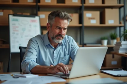 Homme d'affaires en bureau organis&eacute; avec cartons et tableau