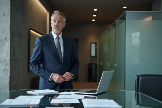 Homme d'affaires en costume navy dans un bureau discret