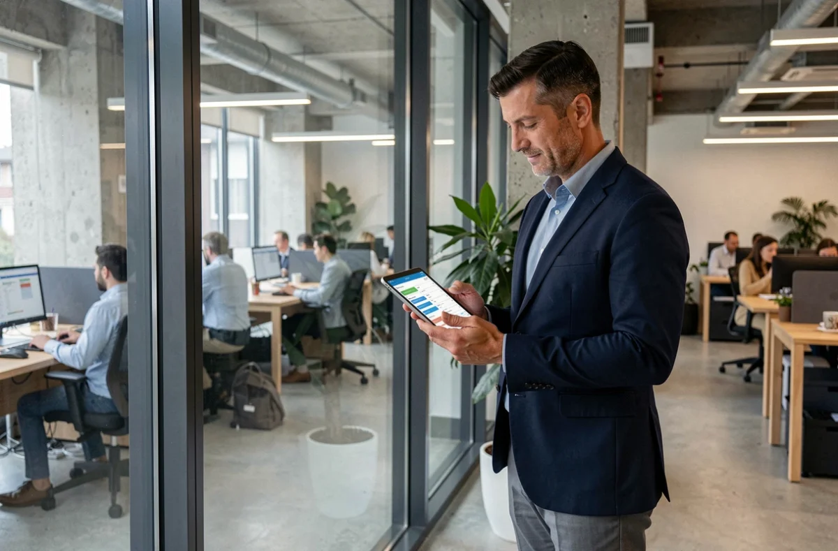 Homme d'affaires utilisant une application d'agenda numérique sur tablette dans un open space moderne