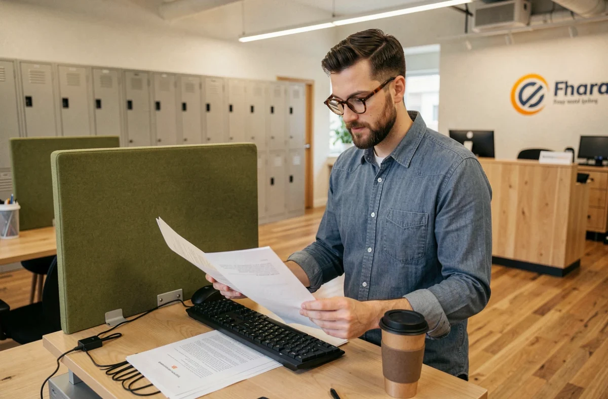 Homme debout à un bureau en hauteur dans un espace de coworking à Angers consultant des documents