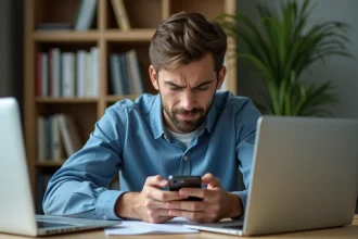 Jeune homme au bureau regardant son téléphone avec frustration