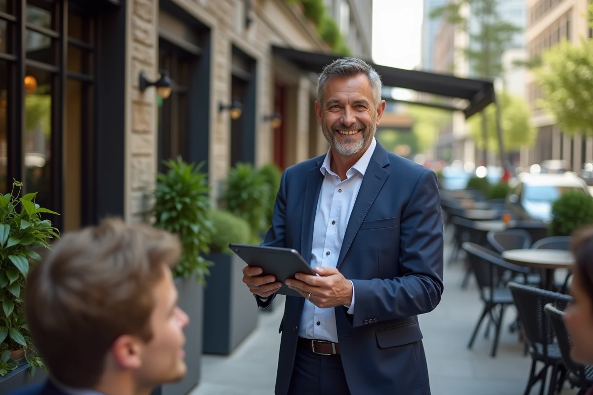 Homme en costume présentant des analyses en extérieur