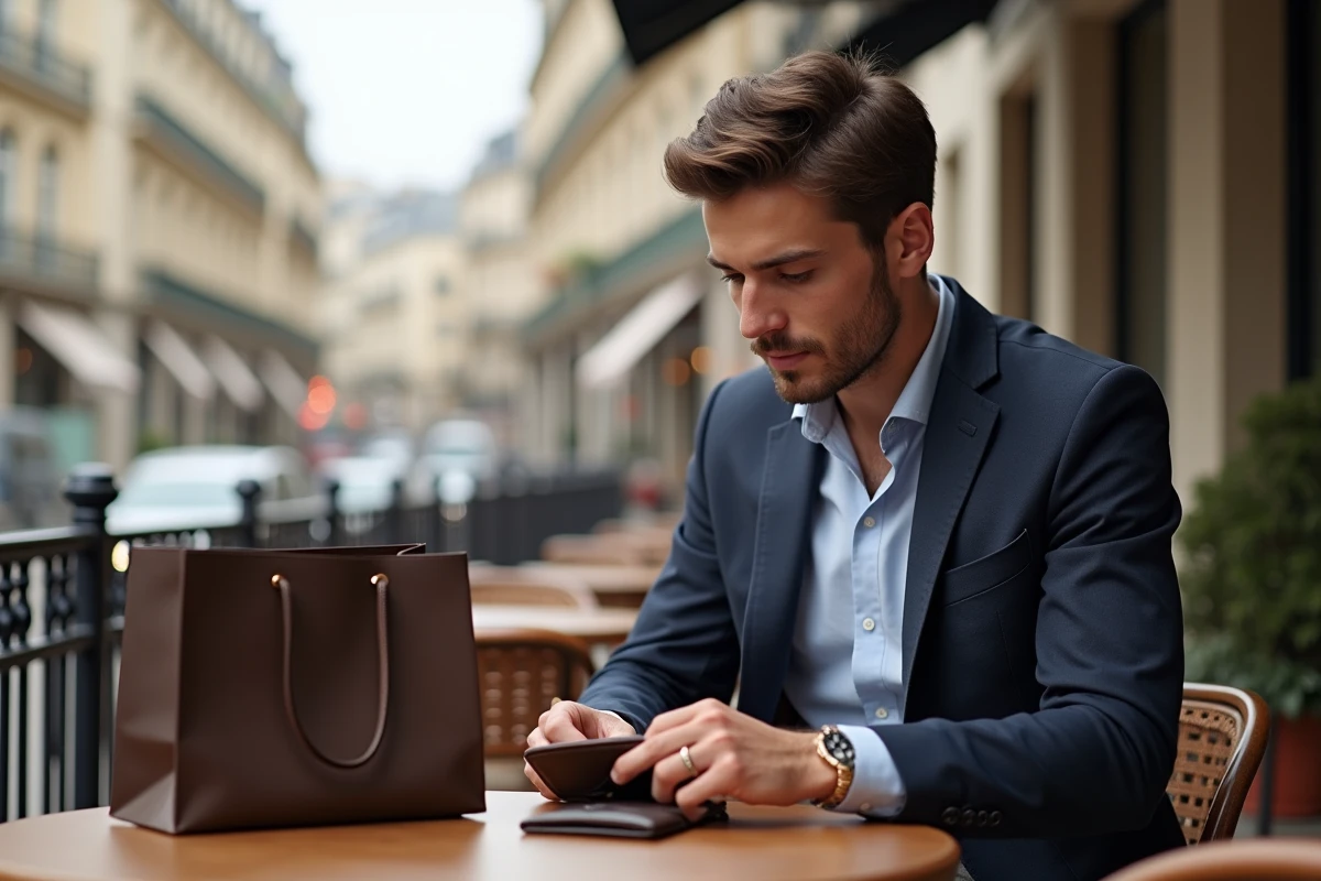 Homme en blazer dans un café parisien avec accessoires haut de gamme
