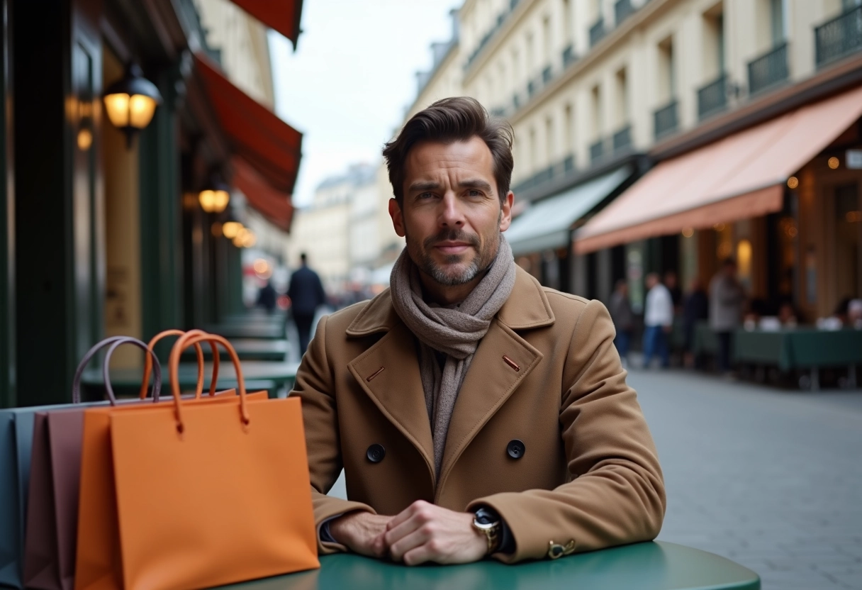 Homme bien habille assis dans un café parisien avec sacs de shopping