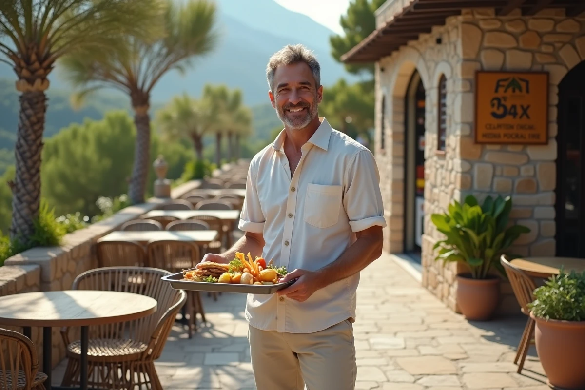 Homme corse souriant avec menu local devant restaurant