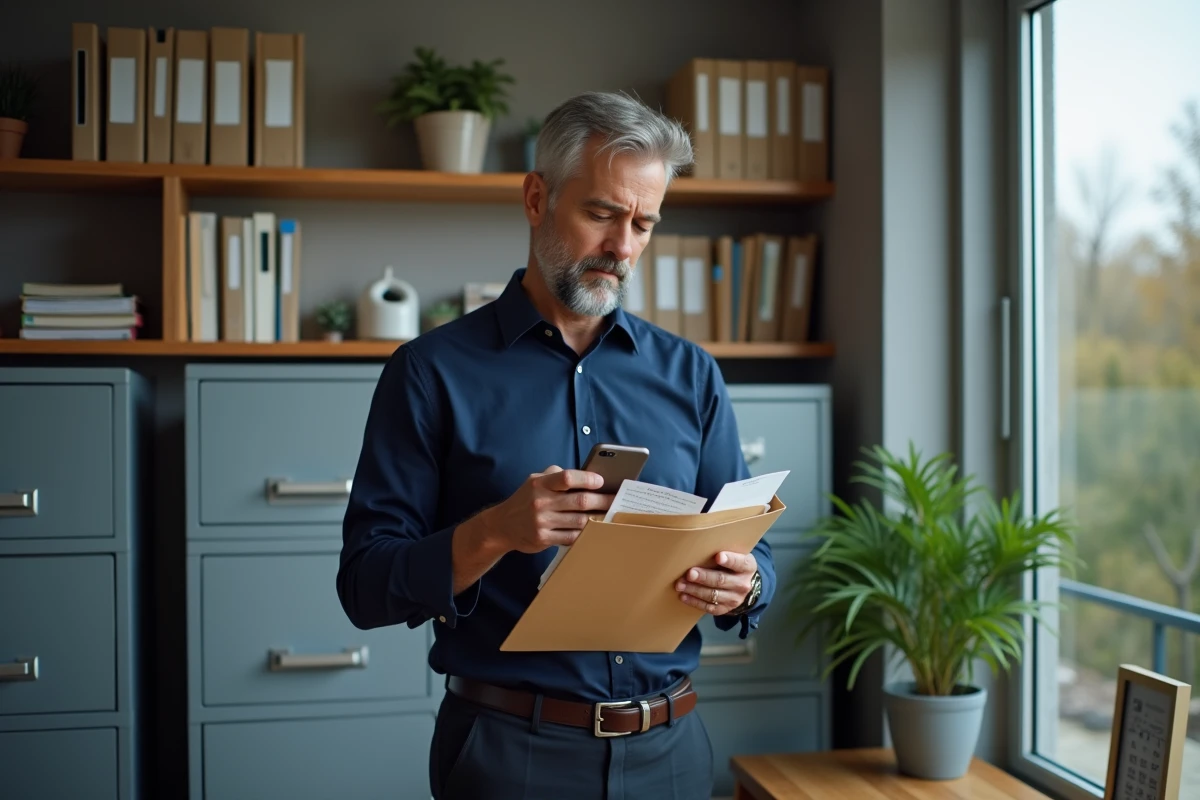 Homme consultant ses anciens bulletins de paie papier et une application cloud de conservation des fiches de paie sur smartphone