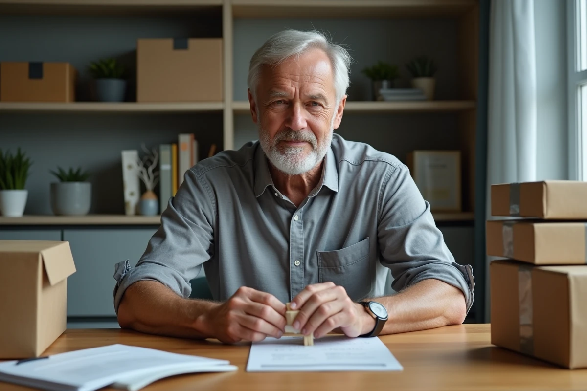 Homme de 60 ans travaillant à domicile en emballant des colis dans un bureau aménagé, reconversion après 50 ans