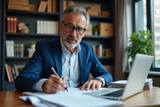 Homme d'affaires en costume bleu vérifiant des documents URSSAF