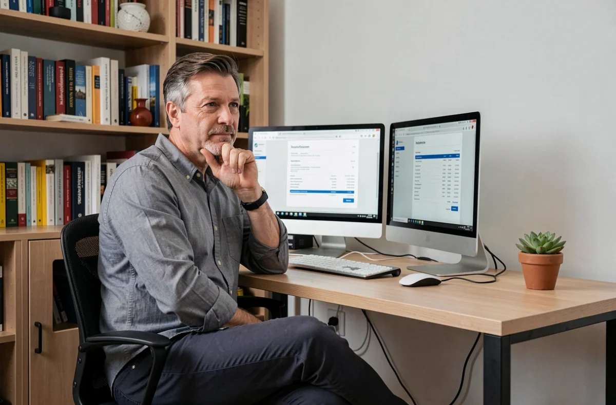 Homme indépendant travaillant depuis son bureau à domicile en jonglant entre portage salarial et activité auto-entrepreneur sur ordinateur