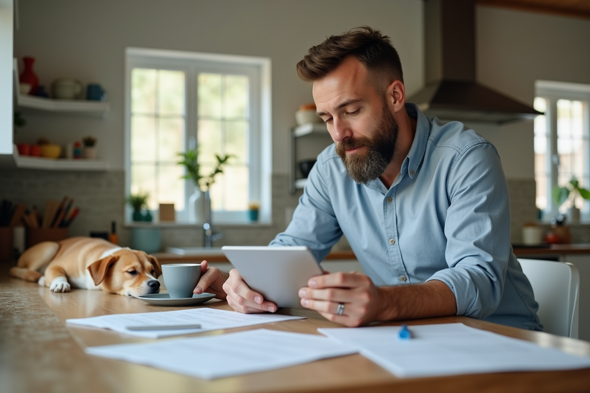 Homme travaillant dans la cuisine avec son chien endormi