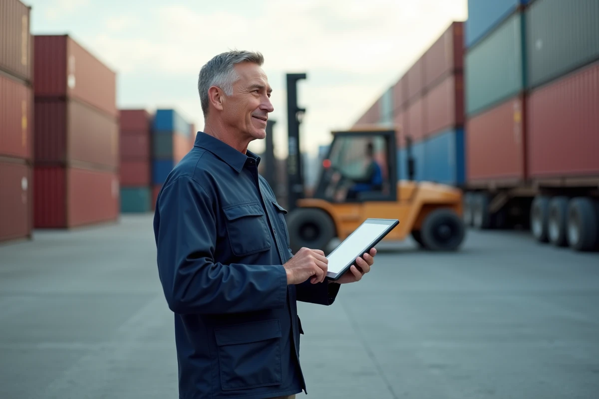 Hommes en uniforme dirigeant un chariot &eacute;l&eacute;vateur dans un yard logistique