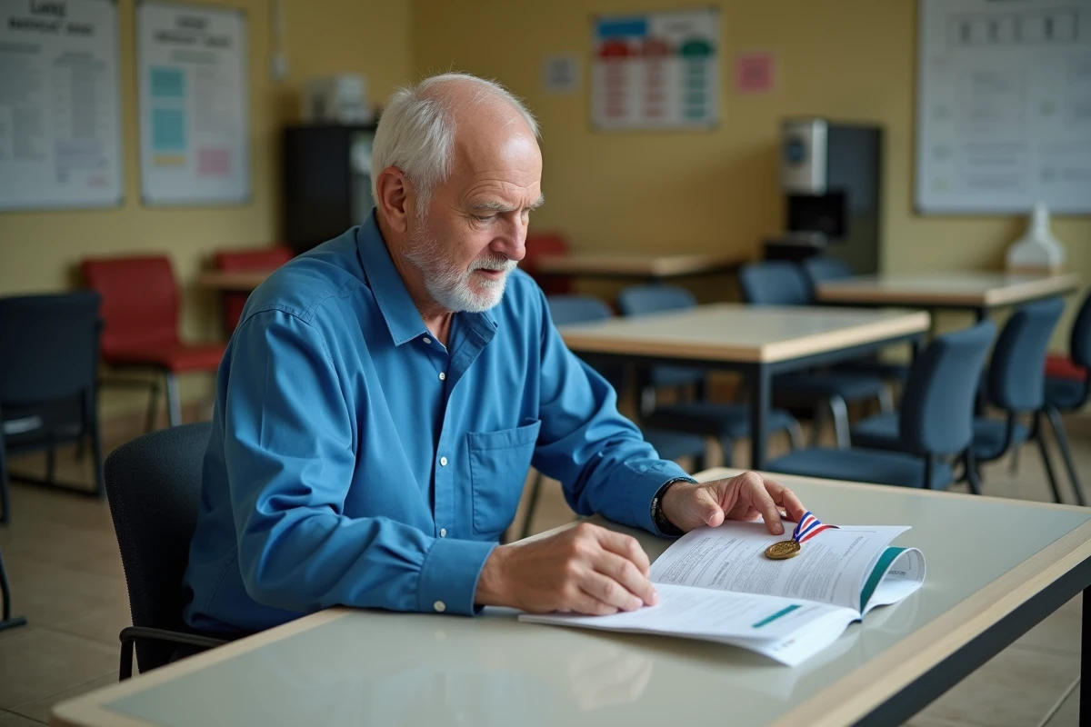 Homme senior examinant une médaille et fiche de paie au breakroom