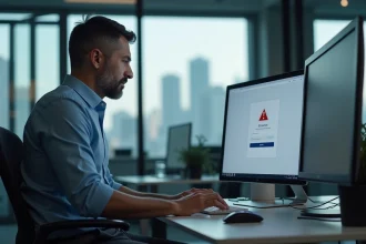 Homme d'affaires face à un message d'erreur sur son ordinateur