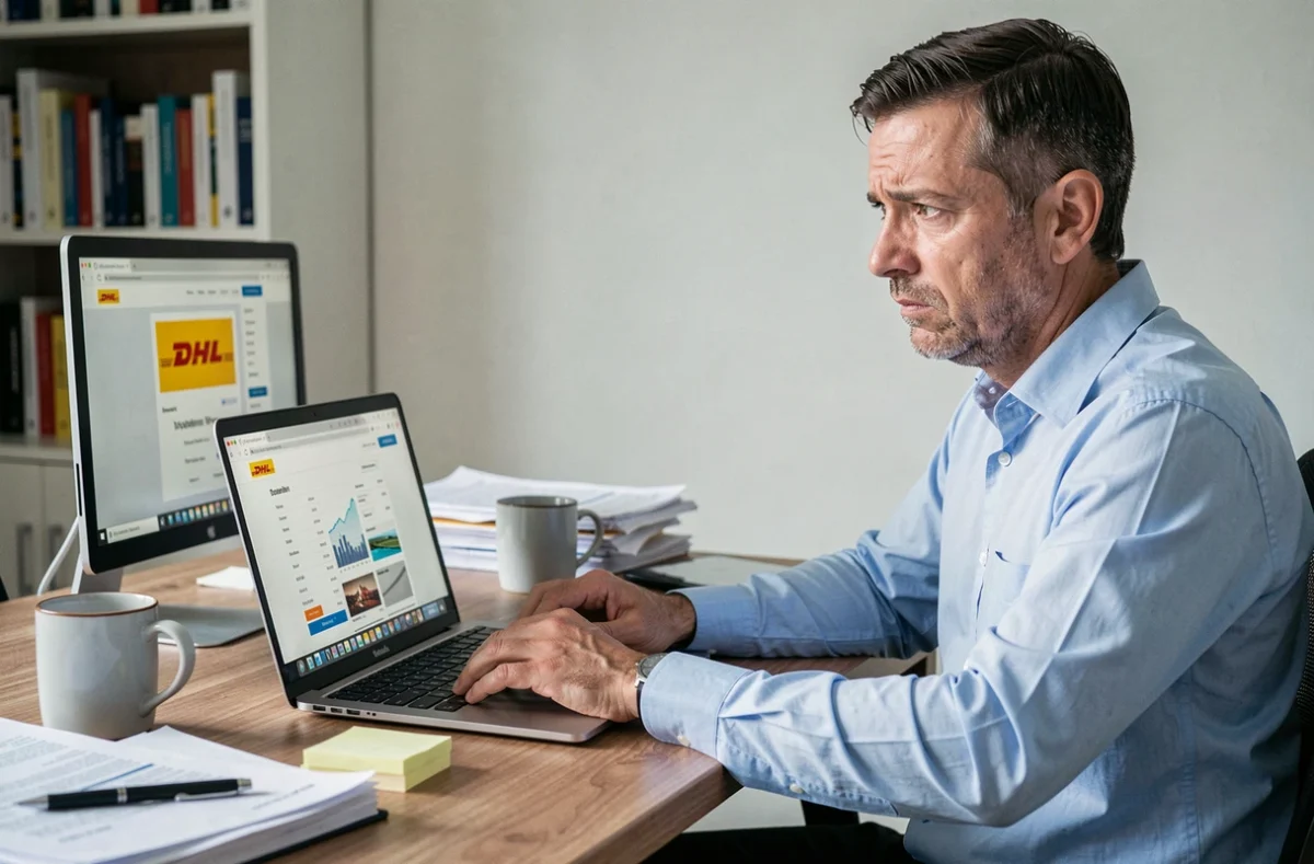 Homme cherchant une solution en ligne pour contacter le service client DHL depuis son bureau à domicile