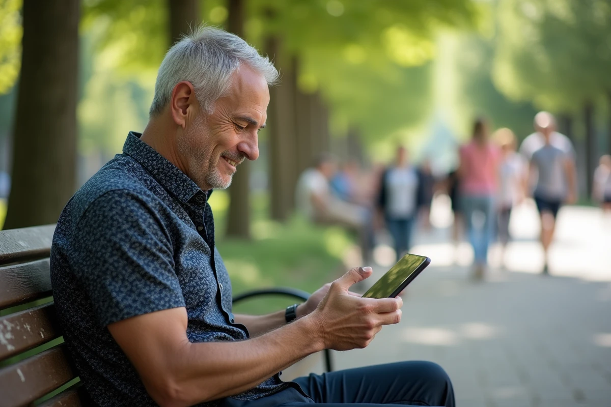 Homme assis dans un parc utilisant une tablette