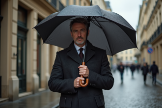Homme d age en manteau à Paris avec parapluie élégant