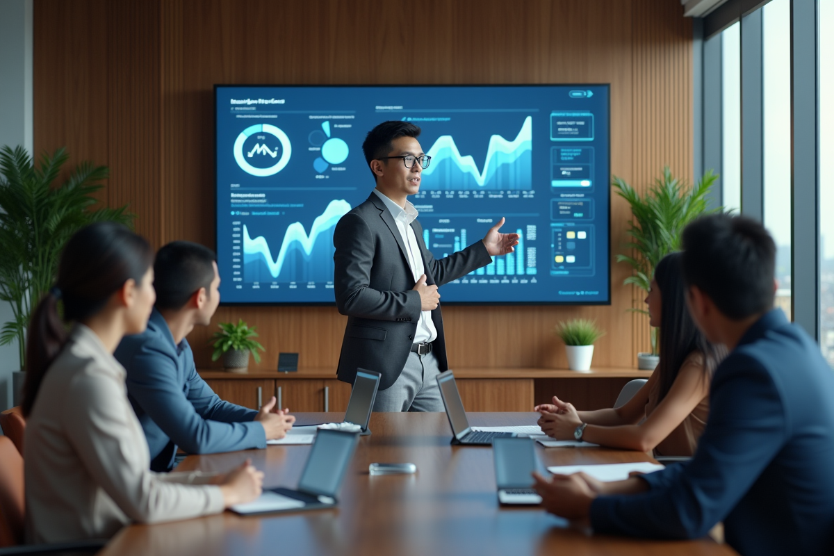 Jeune homme présentant des analyses digitales en réunion