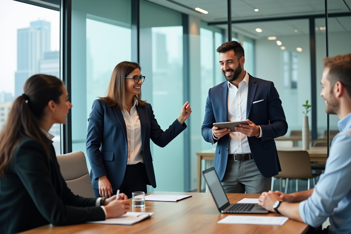 Homme en réunion présentant des résultats email marketing