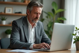 Homme d'affaires en costume gris regardant un écran d'ordinateur