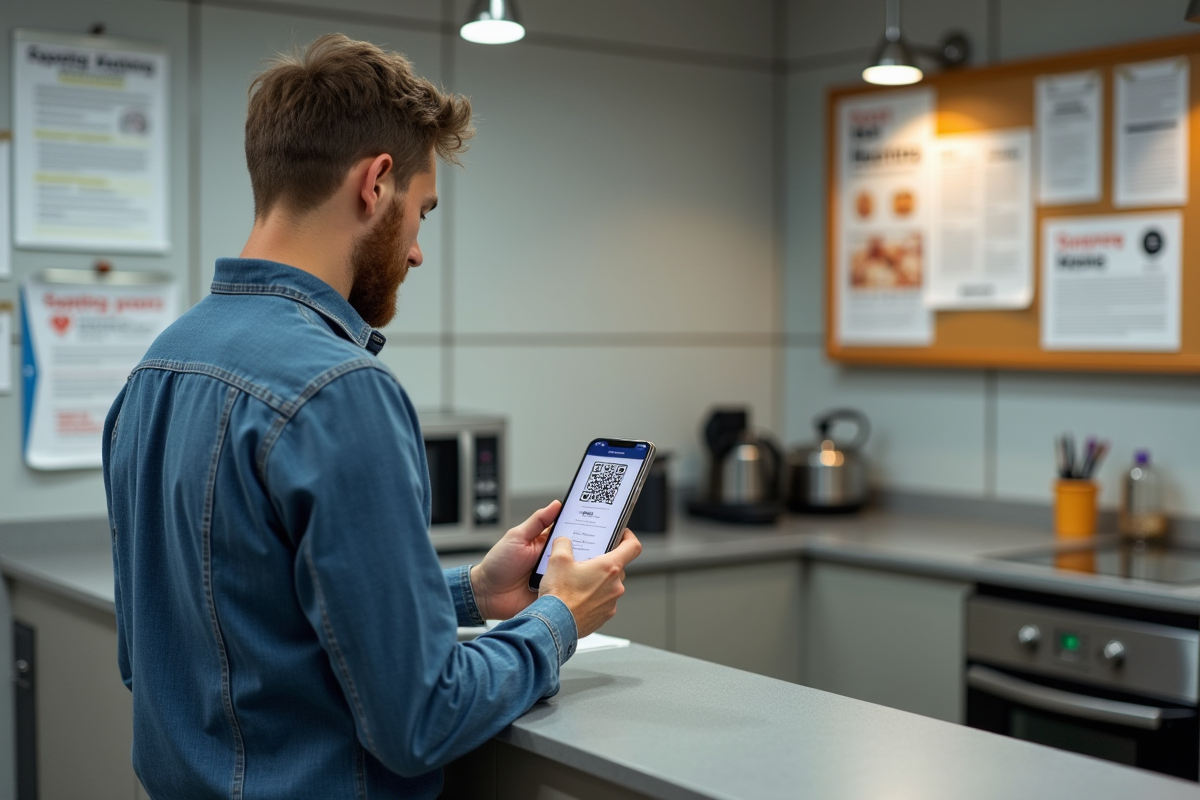 Homme scannant un QR code dans la cuisine d