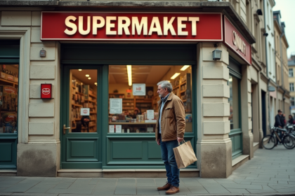 Homme d'âge moyen devant un supermarché français vintage