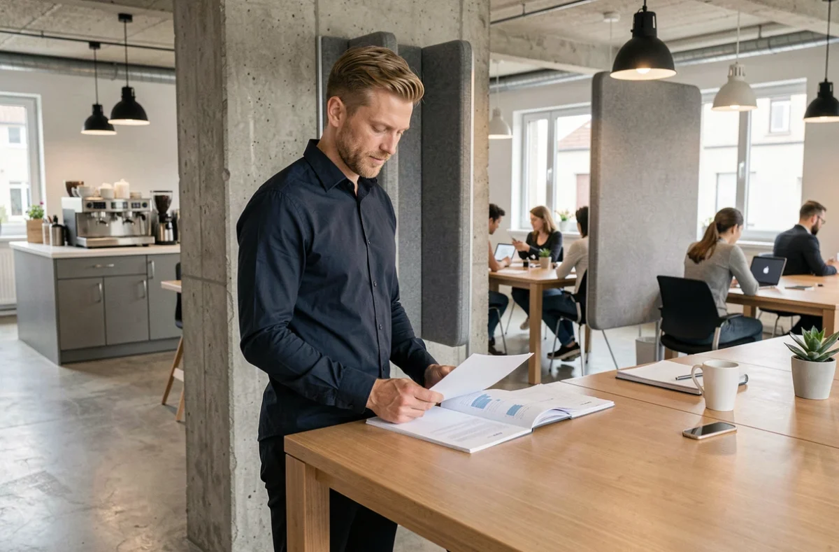 Homme debout à une table haute dans un espace de coworking ouvert, consultant des documents dans un bureau partagé à Carquefou