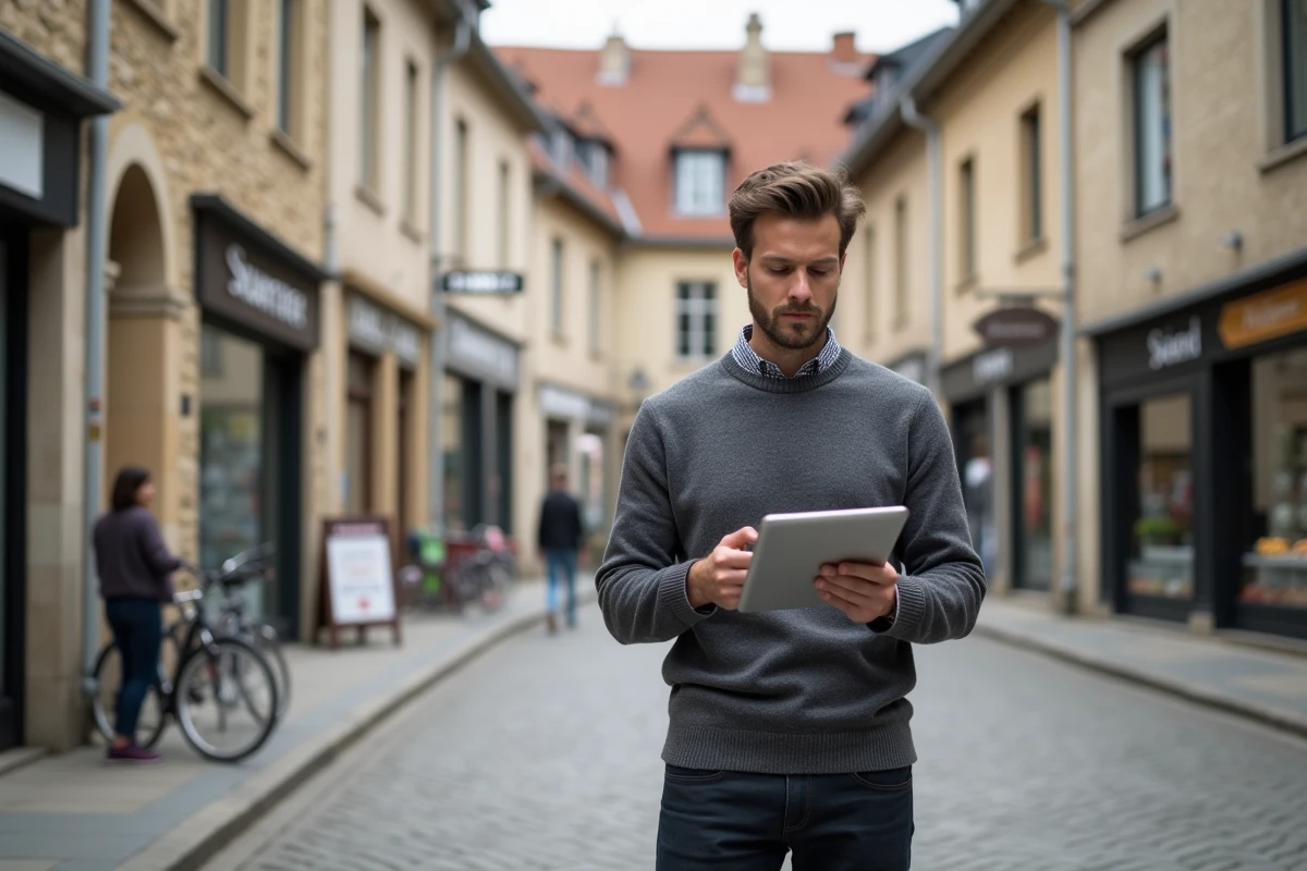 Homme consultant une application d'indicateurs économiques locaux sur tablette dans une place de ville française