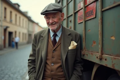Homme &acirc;g&eacute; en costume vintage pr&egrave;s d'un camion Vosgiens