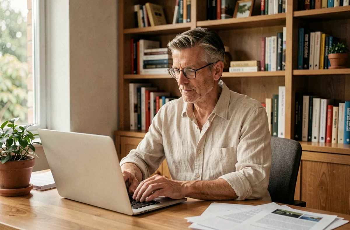 Travailleur indépendant en portage salarial travaillant depuis son bureau à domicile avec un ordinateur portable