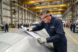Ingénieur aéronautique inspectant un fuselage d'avion sur une chaîne de montage industrielle Boeing ou Airbus