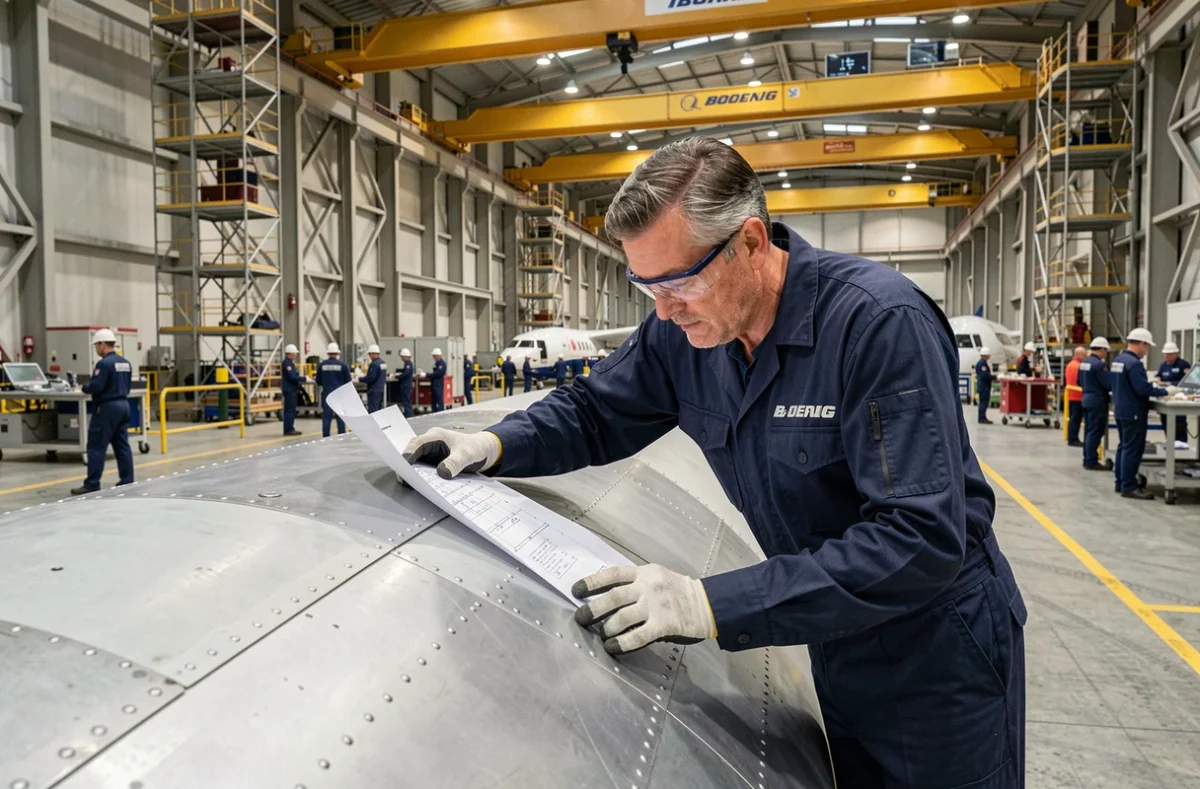 Ingénieur aéronautique inspectant un fuselage d'avion sur une chaîne de montage industrielle Boeing ou Airbus
