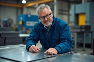 Ingénieur homme en atelier inspectant une feuille de métal