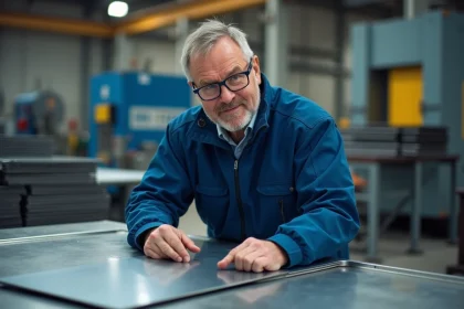 Ingénieur homme en atelier inspectant une feuille de métal