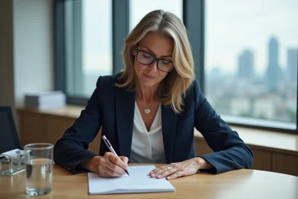 Femme cadre inscrivant un point à l'ordre du jour d'une réunion de copropriété en assemblée générale