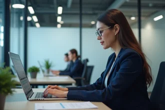 Professionnelle installant un certificat électronique sur un portail douane Pro depuis son bureau en entreprise
